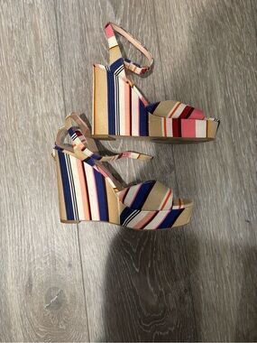 Kate Spade Striped Multi-Color Platform Wedge Sandals with Ankle Tie